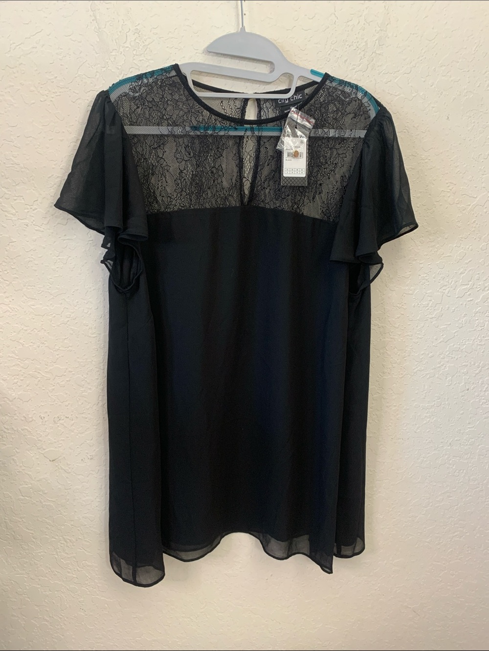 City Chic Black Lace Yoke Flutter Sleeve Blouse
